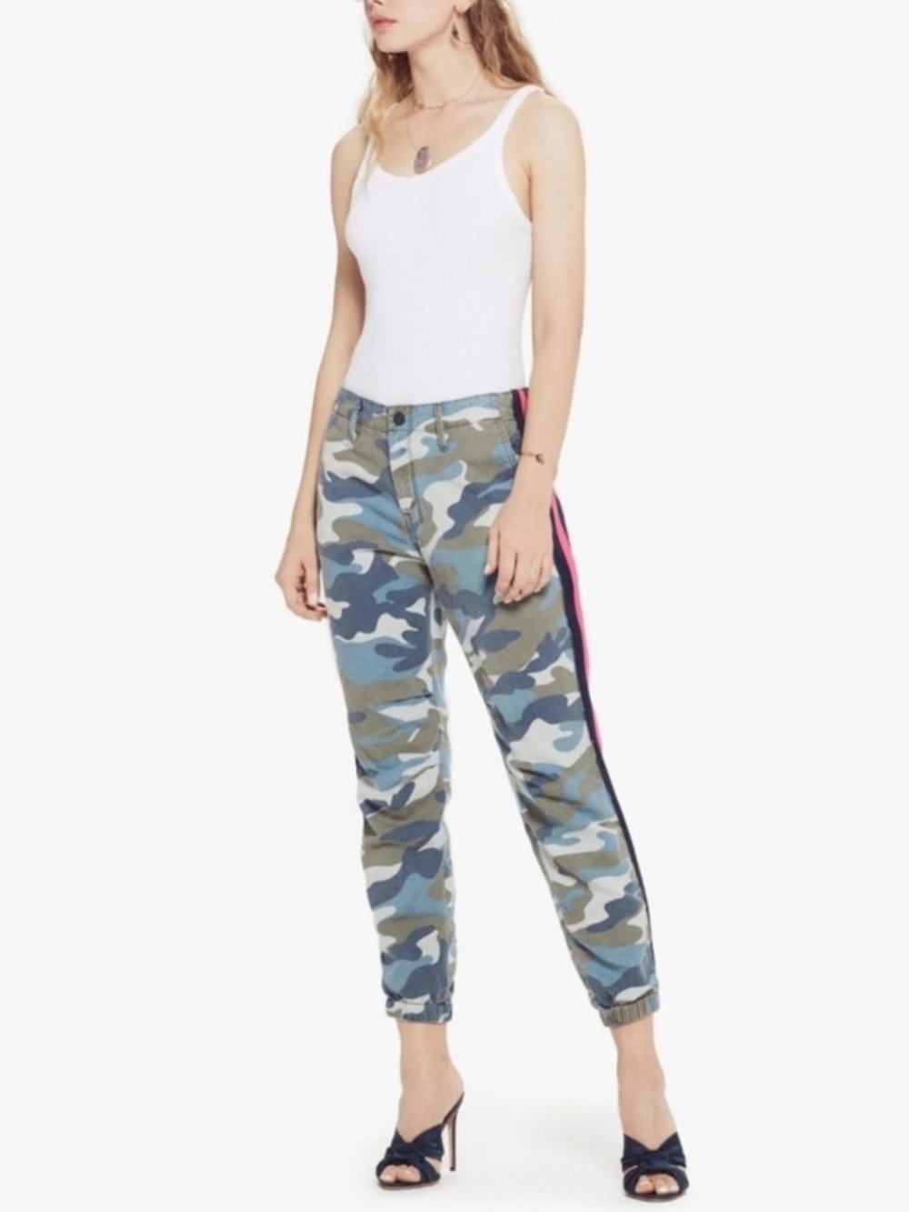 MOTHER Blue-Green Camouflage Joggers with red and navy Side Stripe